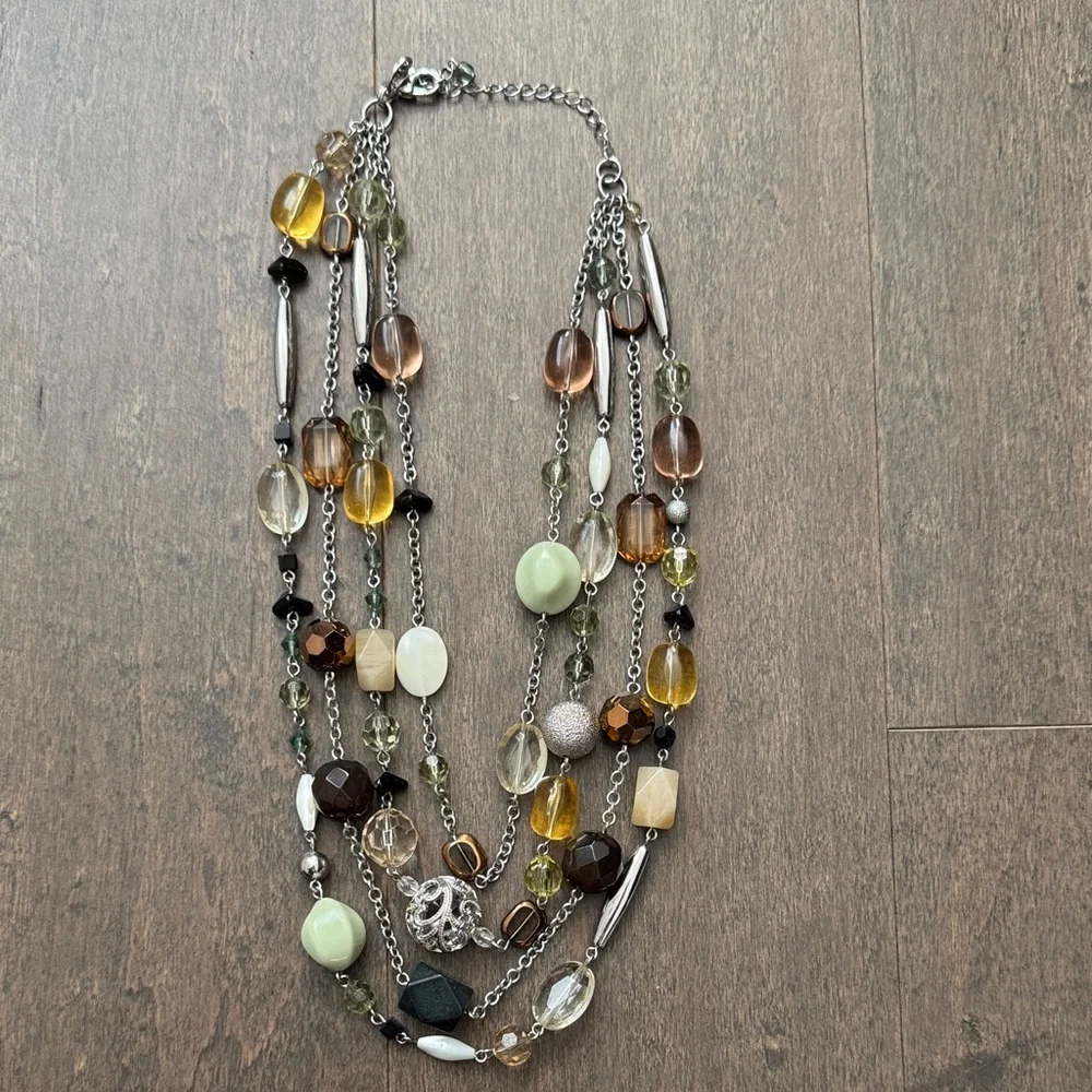 Lia Sophia Multi Strand Beaded Statement Necklace Silver Tone Green Brown
